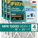 Filtrete 16x25x1 Air Filter MPR 1200D MERV 11, Allergen Reduction Plus Dust, 4-Pack Filters (exact dimensions 15.69x19.69x0.81)
