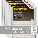 Filtrete 20x25x1 Air Filter, MPR 300, MERV 5, Clean Living Basic Dust 3-Month Pleated 1-Inch Air Filters, 6 Filters