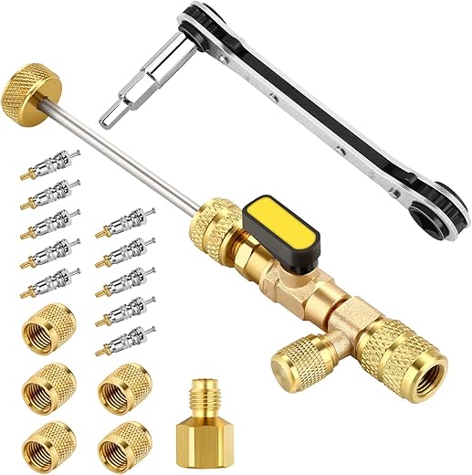 WADEO Valve Core Remover Tool and HVAC Service Wrench Set with Hex Bit Adapter, Dual Size SAE 1/4 & 5/16 Port, 10 PCS Valve Cores with Teflon Seal,... wadeo valve core remover tool and hvac service wrench set with hex bit